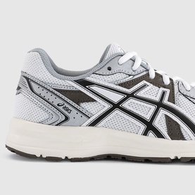 Asics trainer in white, black and coffee colourway, featuring mesh upper with overlays and dark rubber outsole, close-up angle.