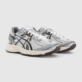 Asics trainers in white, black and coffee, mesh and synthetic upper, chunky dark rubber outsole, lace-up fastening