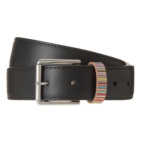 Paul Smith Access Signature Stripe Keeper Belt in black smooth leather with silver-tone squared buckle and multicolour stripe keeper loop