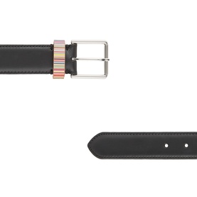 Paul Smith Access Signature Stripe Keeper Belt in black leather, silver-tone square buckle, multicolour stripe keeper loop detail visible
