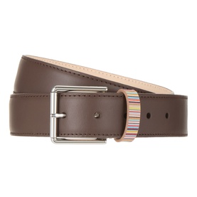 Paul Smith Access brown leather belt with silver-tone buckle and multicolour striped keeper detail
