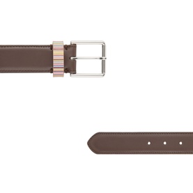 Paul Smith Access brown leather belt with silver-tone buckle and multicolour striped keeper detail, shown from two angles