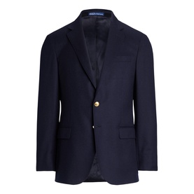 Navy blazer with gold button fastening, notch lapels, and flap pockets