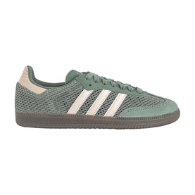 Adidas Samba trainer in silver green and white, mesh upper with three-stripe detail, gum rubber sole
