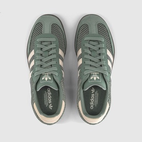 Adidas trainer in Silver Green and Wonder White, overhead view showing mesh upper, stripe detailing and branded insole