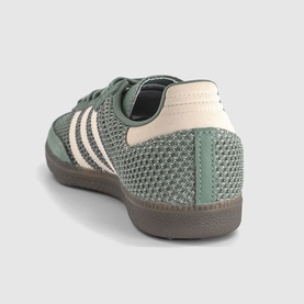 Adidas Samba OG trainers in Silver Green and Wonder White, mesh upper with cream three stripes, gum sole, heel detail view
