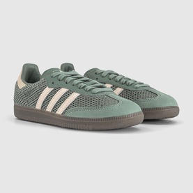 Adidas Samba trainers in Silver Green and Wonder White, mesh upper with three stripes, gum sole, shown as a pair angled view