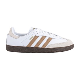 Adidas Samba trainer in white with cardboard tan three-stripe detail, cream suede toe cap and dark gum rubber sole