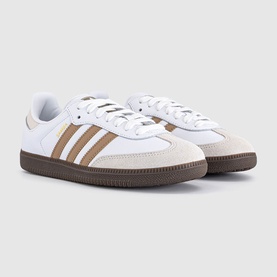 Adidas Samba trainers in white with cardboard tan three-stripe detail, cream suede toe cap and dark gum rubber sole