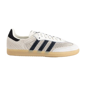 Adidas Samba-style trainer in off-white mesh and leather with carbon navy three stripes and gum sole