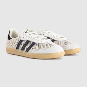 Adidas Samba trainers in off-white with carbon navy three-stripe detail, mesh upper, and gum rubber sole