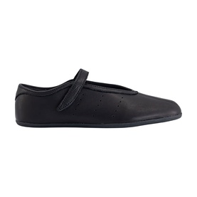 Adidas black leather mary-jane flat shoe with velcro strap, perforated toe box detail, and black sole