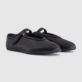 Adidas black leather mary jane flat shoes with velcro strap, perforated toe box and black sole