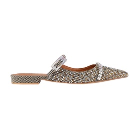 Kurt Geiger London Strass Pointed Flat Mules in white houndstooth fabric with iridescent crystal embellishment and silver crystal buckle strap