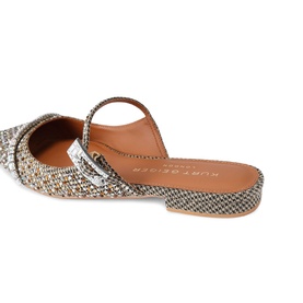 Kurt Geiger London Strass Pointed Flat Mules in white houndstooth fabric with iridescent crystal embellishment and silver crystal buckle, heel view