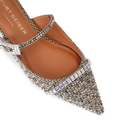 Kurt Geiger London Strass Pointed Flat Mules in white houndstooth fabric with iridescent crystal embellishment and silver crystal buckle strap detail