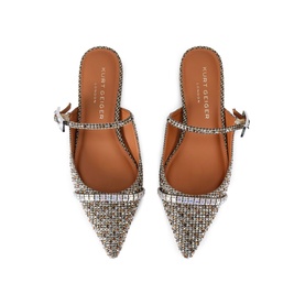 Kurt Geiger London Strass Pointed Flat Mules in white houndstooth fabric with iridescent crystal embellishment and silver crystal buckle straps