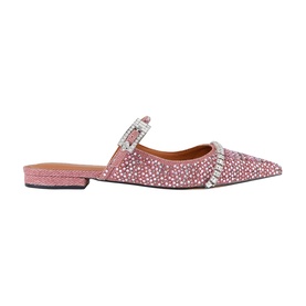 Kurt Geiger London Strass Pointed Flat Mules in pink metallic fabric with all-over pink crystal embellishment and silver crystal buckle strap
