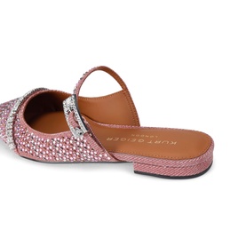 Kurt Geiger London Strass Pointed Flat Mules in pink metallic fabric with pink crystal embellishment and silver crystal buckle detail