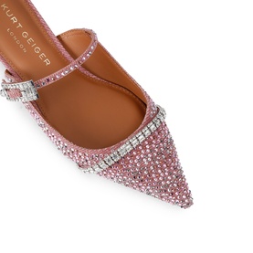 Kurt Geiger London Strass Pointed Flat Mules in pink, featuring all-over pink crystal embellishment and silver crystal buckle strap detail
