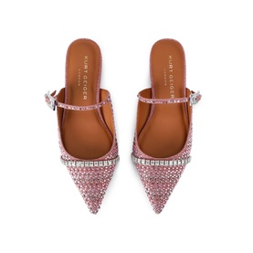 Kurt Geiger London Strass Pointed Flat Mules in pink metallic fabric with all-over pink crystal embellishment and silver crystal buckle strap