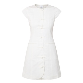 Aligne Jennie Shirt Dress in white, cap sleeves, round neck, knot front fastenings, mini length, cotton-linen blend