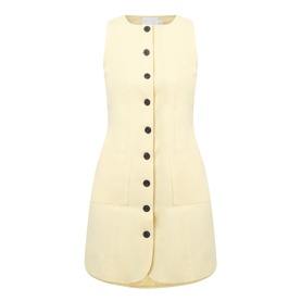Aligne Leah Mini Dress in lemon, sleeveless with round neckline, dark front buttons, patch pockets and princess seams