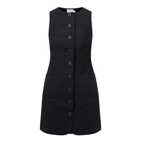 Aligne Leah Mini Dress in black, sleeveless with round neckline, front button fastening, patch pockets and princess seams in linen blend
