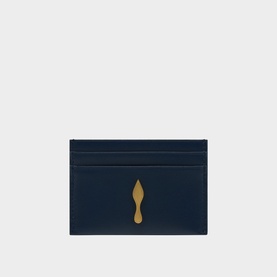 Christian Louboutin blue leather card holder with gold Louboutin flame logo detail and multiple card slots