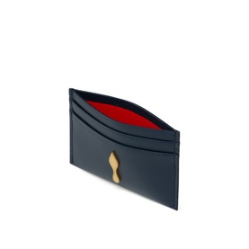 Christian Louboutin blue leather card holder with gold logo detail and red interior lining, shown open at an angle