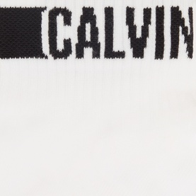 Calvin Klein Socks Two-Pack Logo Quarter Socks in white with black contrast Calvin Klein logo lettering at cuff, close-up detail view.