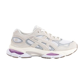 Asics trainer in white and taro purple with mesh upper, silver overlays, and chunky off-white sole