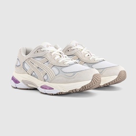 Asics chunky trainers in white and taro purple, featuring mesh and suede panels, lace-up fastening, and cream midsole