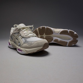 Asics trainers in white, taro and purple, chunky sole with tan tread detail, one shown from above and one from sole angle.