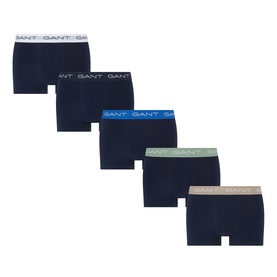 Gant Five-Pack Mixed Stretch Logo Trunks in navy with white, blue, green and grey elasticated logo waistbands