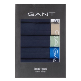 Gant Five-Pack Mixed Stretch Logo Trunks in navy, presented in branded gift box with mixed waistband accents in beige, sage and blue