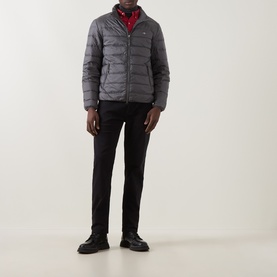 Model wearing Gant Dusky Anthracite casual jacket, styled with black trousers and a red scarf, black shoes.