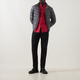 Model wearing Gant Dusky Anthracite casual jacket, styled with a red shirt and black trousers with black leather shoes.