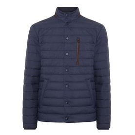 Gant Evening Blue quilted casual jacket with button front, funnel neck, and brown zip chest pocket detail
