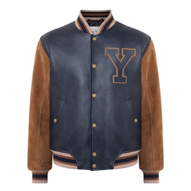 Gant Varsity Logo Leather Bomber Jacket in navy, tan suede sleeves, gold snap buttons, ribbed trims, large Y chest patch