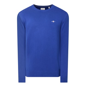 Gant Shield Logo Sweater in Crisp Blue, crew neck cotton knitwear with ribbed trims and embroidered Shield logo on chest