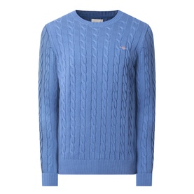 Gant Shield Logo Cable-Knit Sweater in Blue Horizon, crew neck, cable-knit cotton with ribbed trims and chest logo embroidery