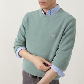 Model wearing Gant Surplus Mint crew neck knit, styled with a light blue collared shirt and grey trousers.