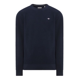 Gant Shield Logo Micro Textured Sweater in Evening Blue, crew neck, embroidered shield logo, micro textured cotton, long sleeves, regular fit