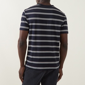 Model wearing Gant Pima Striped T-Shirt in Evening Blue, rear view, navy and white horizontal stripes, crew neck, short sleeves.