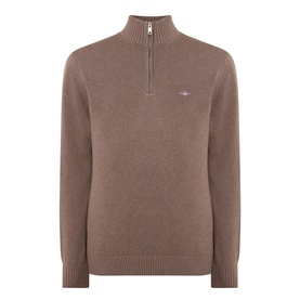 Gant Half Zip knit in Dark Hazelnut Melange, ribbed cuffs and hem, silver zip detail at collar, embroidered logo