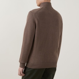 Model wearing Gant Dark Hazelnut Melange half zip knit, back view, styled with olive trousers.