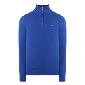 Gant Shield Logo Half-Zip Sweater in crisp blue, featuring embroidered shield logo, half-zip funnel neck, and ribbed trims