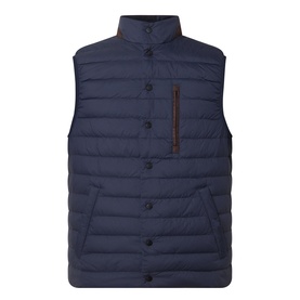 Gant Evening Blue quilted gilet with stand collar, button placket, zipped chest pocket, and side pockets