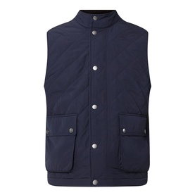 Gant Classic Diamond Quilted Gilet in Evening Blue, sleeveless with high neckline, silver snap buttons and flap pockets